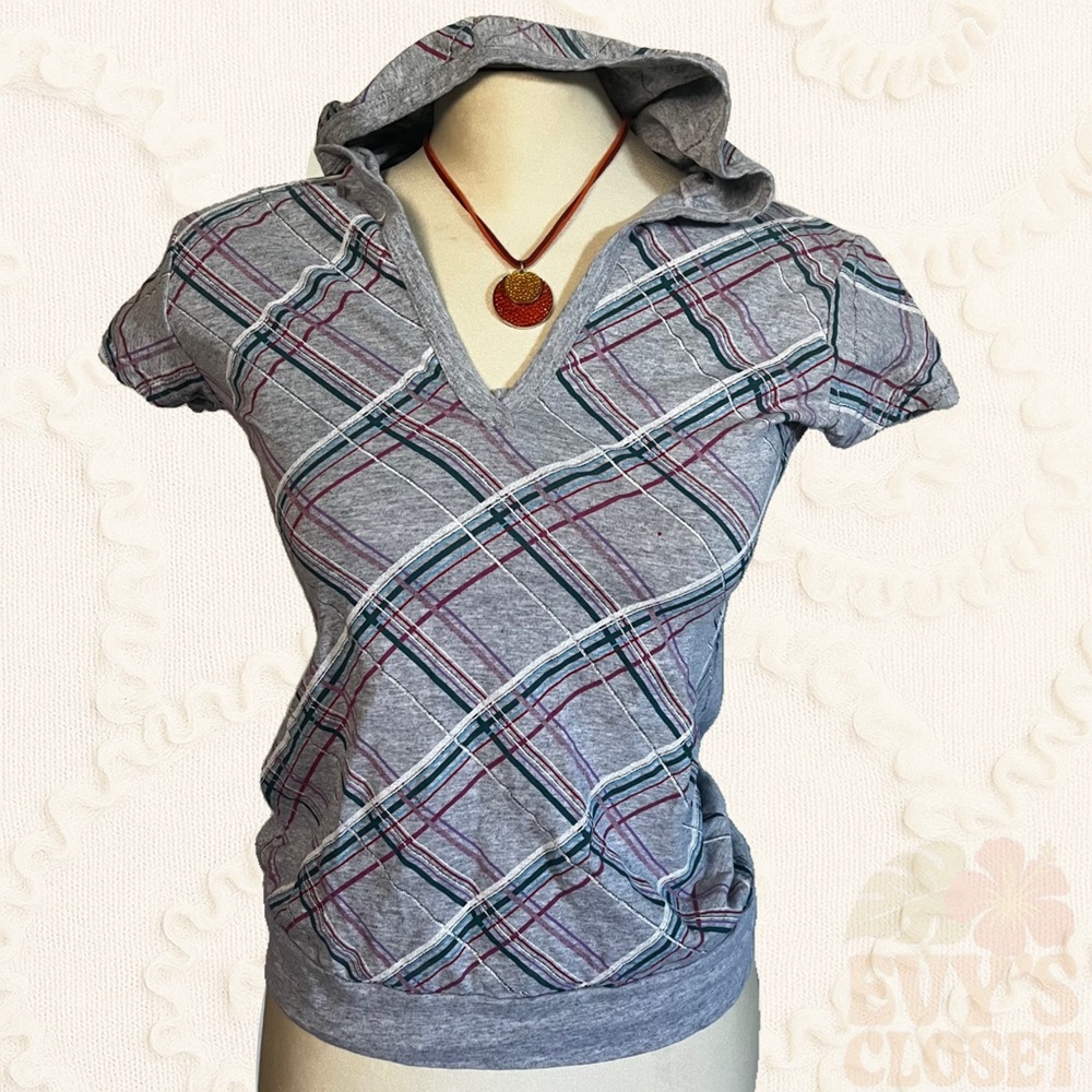 Vintage 2007 Digital Clothing Grey Plaid Hooded Top Size M Metallic & Banded Hem